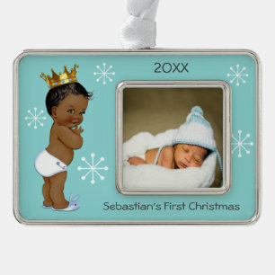 Blue Ethnic Prince Baby 1st Christmas Photo Silver Plated Framed Ornament