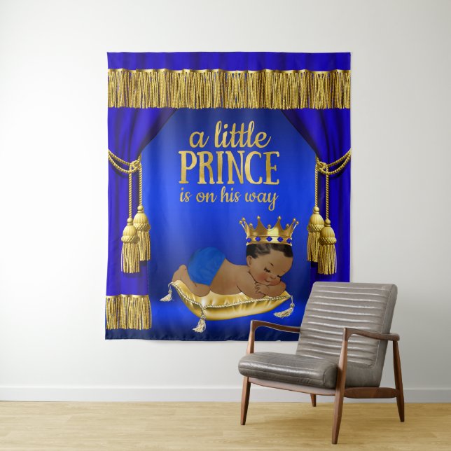 Blue Ethnic Prince Baby Shower Backdrop Tapestry (In Situ)
