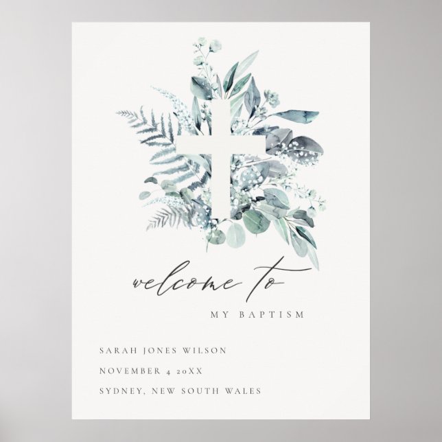Blue Eucalyptus Fern Fauna Cross Baptism Welcome Poster (Front)