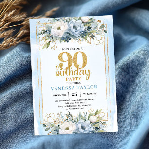 Blue Eucalyptus Gold Accent 90th Birthday Invite