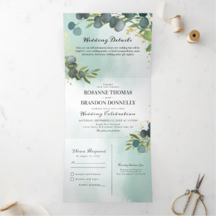 Blue Eucalyptus Greenery 3 in 1 Wedding Tri-Fold Invitation