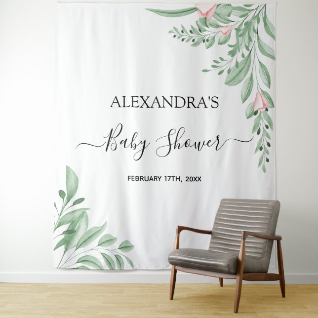 Blue Eucalyptus Greenery Baby Shower Backdrop Tapestry (In Situ)