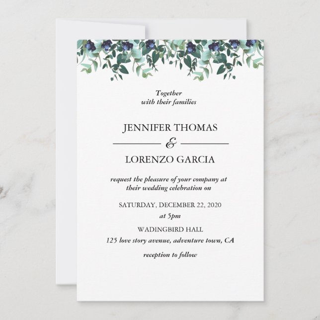 Blue Eucalyptus Greenery Succulent Wedding Invitation (Front)