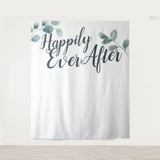 Blue Eucalyptus Happily Ever Wedding Backdrop Tapestry (Front)