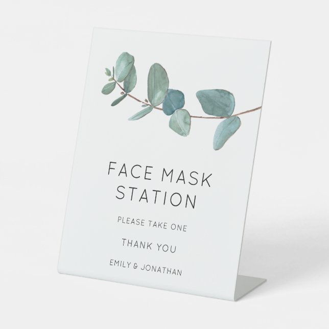 Blue Eucalyptus Leaves Face Mask Station Pedestal Sign (Front)