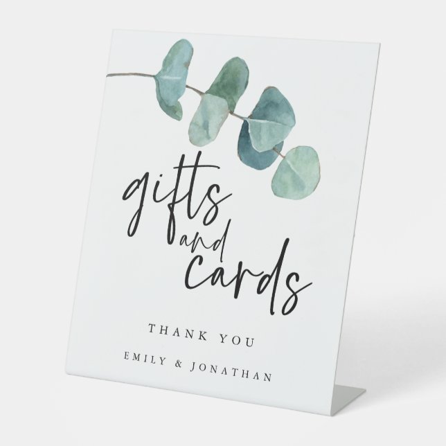 Blue Eucalyptus Leaves Gifts Cards Script Pedestal Sign (Front)