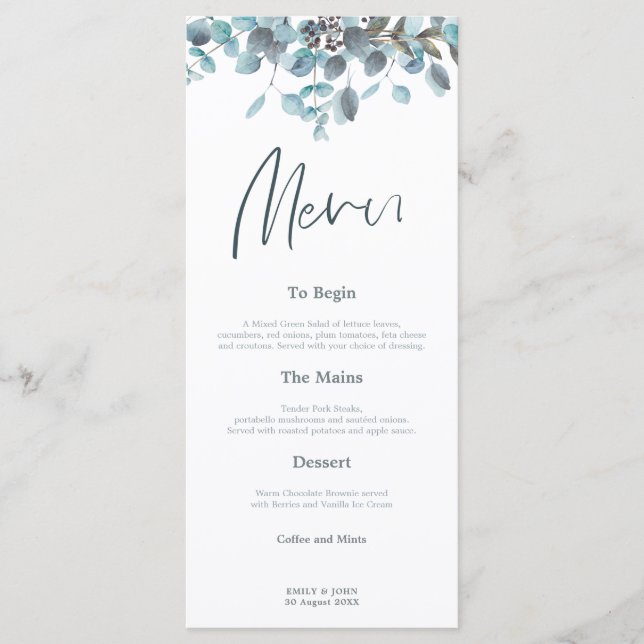 Blue Eucalyptus Leaves Stylish Script wedding Menu (Front)
