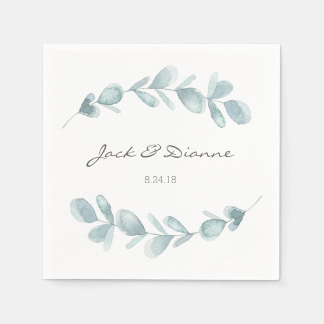 Blue Eucalyptus Personalised Wedding Napkin (Front)