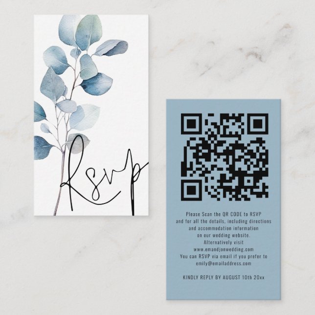 Blue Eucalyptus Script QR Code Wedding RSVP Enclosure Card (Front/Back)