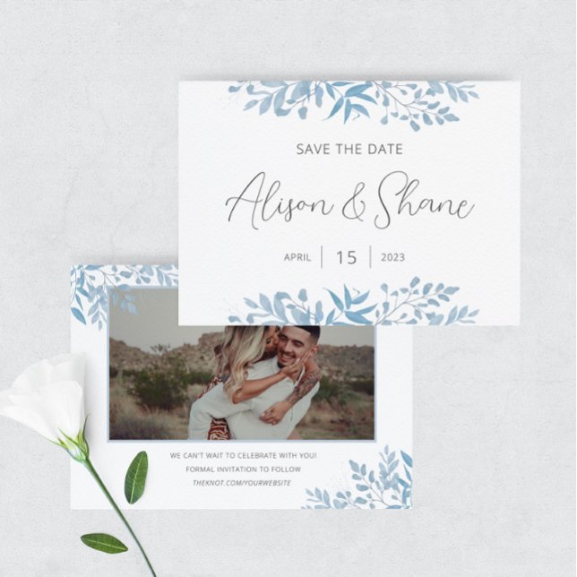 Blue Eucalyptus Wedding Bold Text & Photo Save The Date (Creator Uploaded)