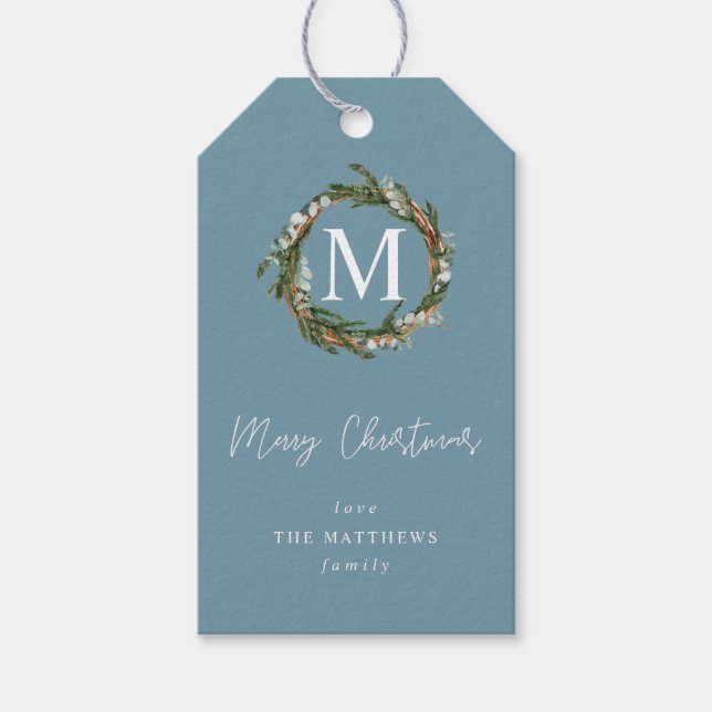 Blue Eucalyptus Wreath Monogram Gift Tags (Front)