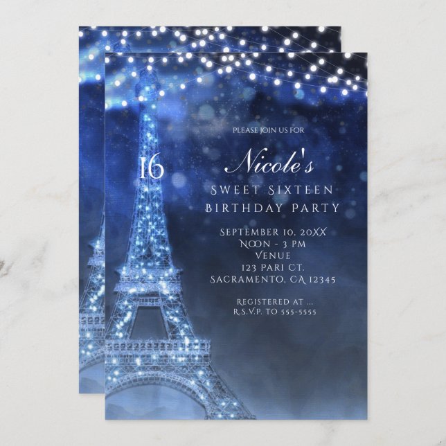 Blue Evening Enchanted Night in Paris Invitations (Front/Back)
