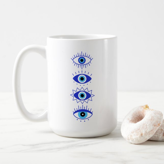Blue Evil Eyes Energy Meditation Hamsa  Mystical  Coffee Mug (With Donut)
