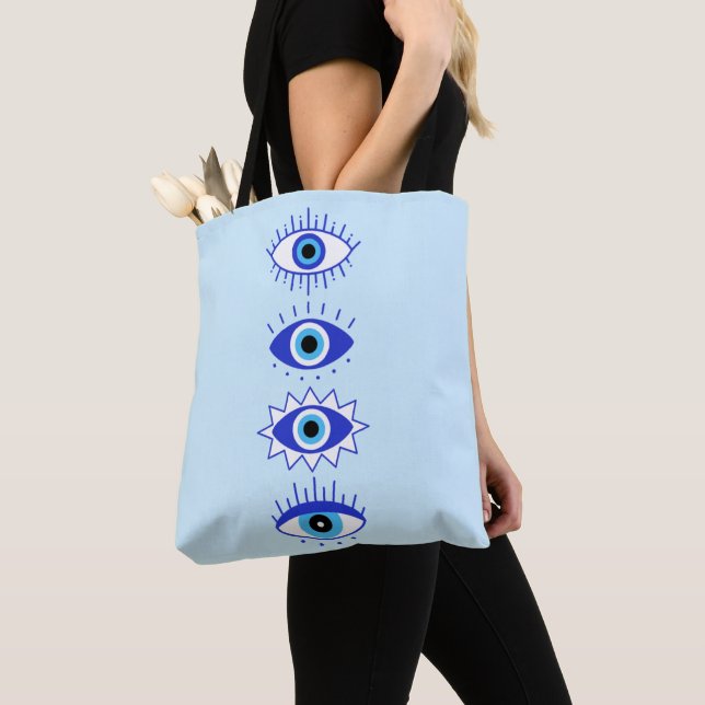 Blue Evil Eyes Energy Meditation Hamsa  Mystical  Tote Bag (Close Up)