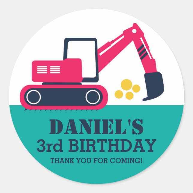 Blue Excavator Children Birthday Party Stickers (Front)