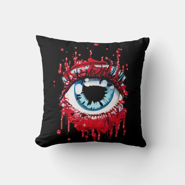 Blue Eye Dripping Blood horror art Cushion (Front)