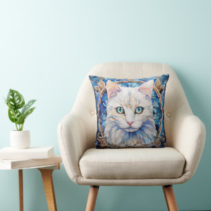 Blue Eye White Cat Stained Glass Style Cushion