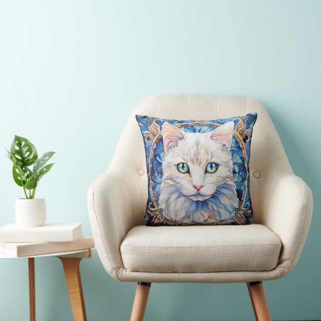 Blue Eye White Cat Stained Glass Style Cushion (Chair)