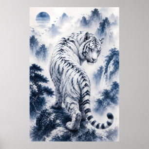 Blue Eye White Tiger Ink Wash Fantasy Art Poster