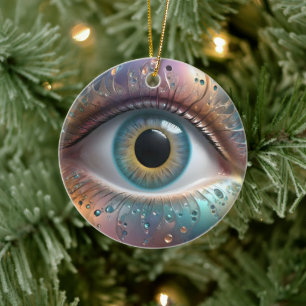 Blue Eyeball Fractal Art, Ceramic Tree Decoration