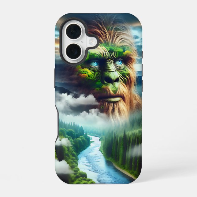 Blue Eyed Bigfoot in the Mountains iPhone 16 Case (Back)
