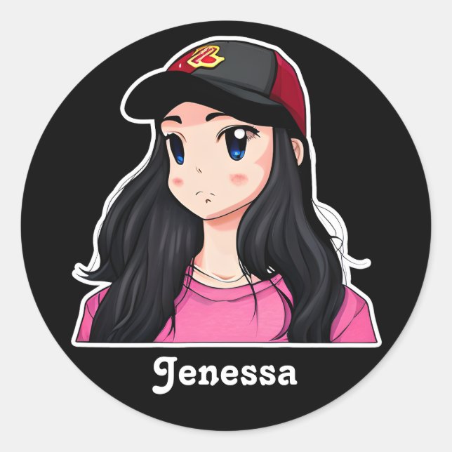 Blue Eyed Black Hair Anime Girl Personalised  Classic Round Sticker (Front)
