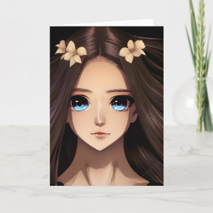 Blue Eyed Brunette Anime Girl Birthday Card
