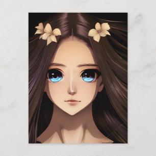 Blue Eyed Brunette Anime Girl Birthday Postcard