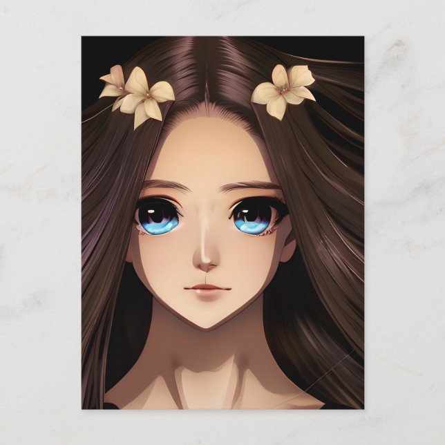 Blue Eyed Brunette Anime Girl Birthday Postcard (Front)