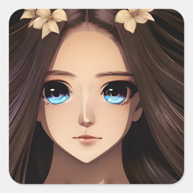 Blue Eyed Brunette Anime Girl Square Sticker (Front)