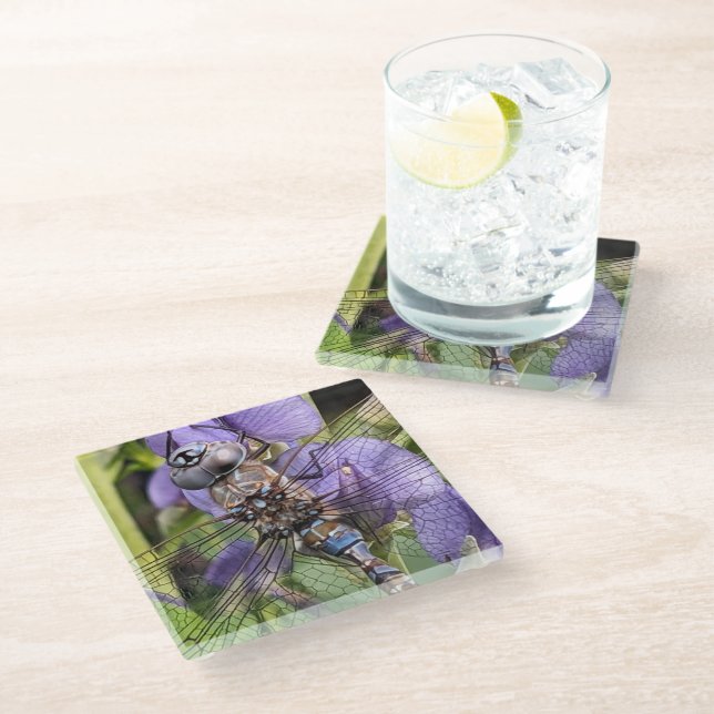 Blue-Eyed Darner Dragonfly on Flower Glass Coaster (Angled)