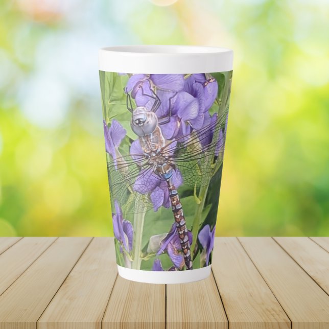 Blue-Eyed Darner Dragonfly on Purple Flowers Latte Mug (In Situ Table)