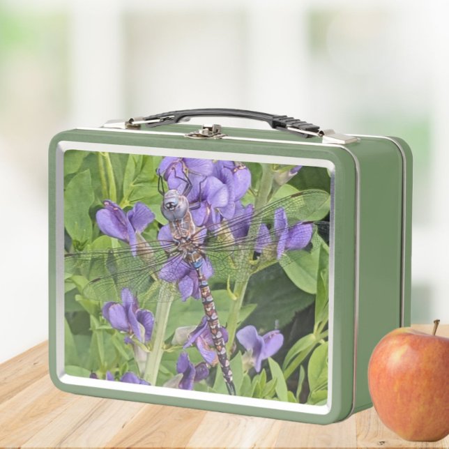 Blue-Eyed Darner Dragonfly on Purple Flowers Metal Lunch Box (In Situ Apple)