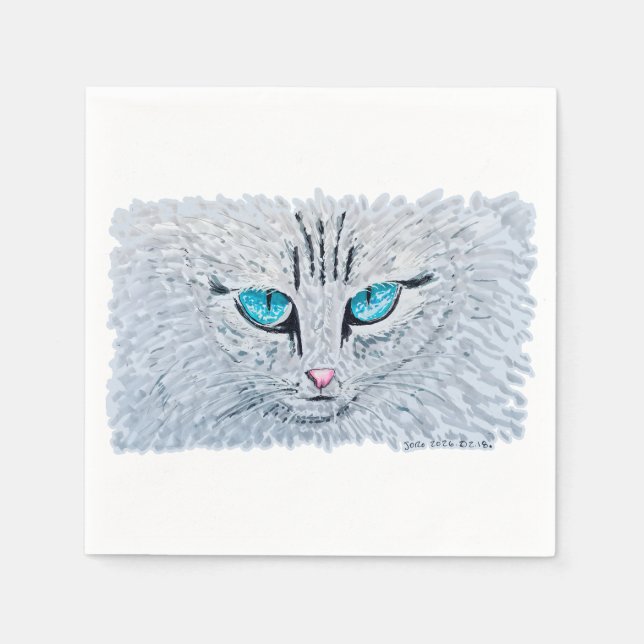 Blue Eyed Fluffy Cat Napkin (Front)