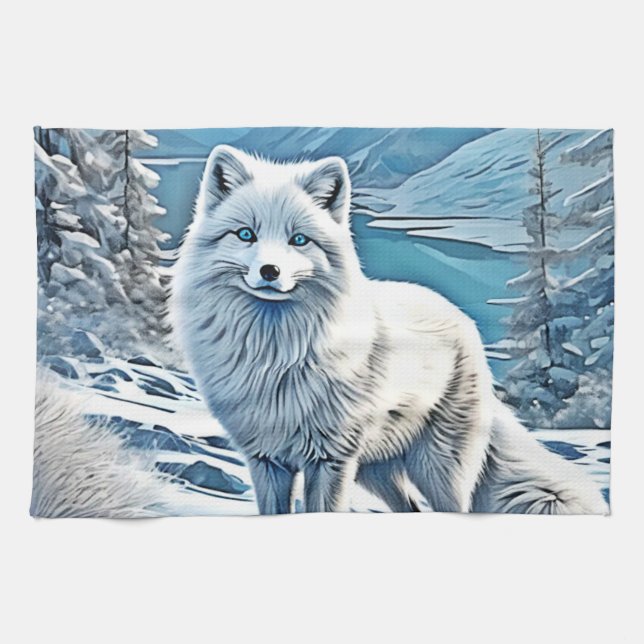 Blue-Eyed Fox Scene Design Tea Towel (Horizontal)