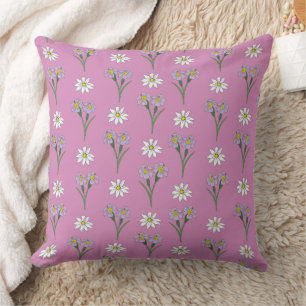 Blue Eyed Grass Flower and Daisy Pattern on Pink Cushion