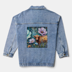 Blue Eyed Highland Cow Floral Colourful Cosmos  Denim Jacket