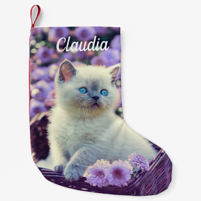 Blue Eyed Kitten Baby Cat In Basket Purple Flowers Small Christmas Stocking (Front)
