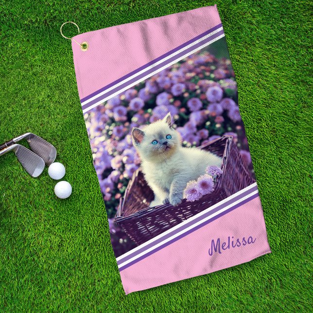 Blue Eyed Kitten Baby Cat In Flowers Personalised Golf Towel (Creator Uploaded)