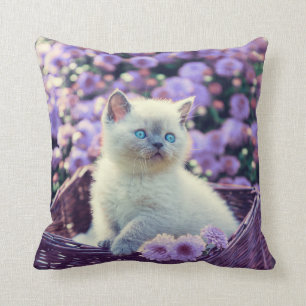 Blue Eyed Kitten Cat In Basket With Lilac Flowers Cushion