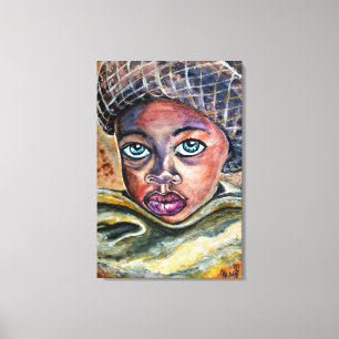 Blue Eyed Little Girl With Hat - Watercolor Art - Canvas Print