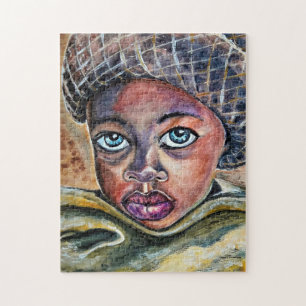 Blue Eyed Little Girl With Hat - Watercolor Art  - Jigsaw Puzzle