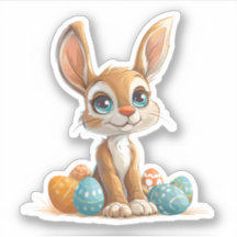 Blue-Eyed Pastel Bunny with Easter Eggs