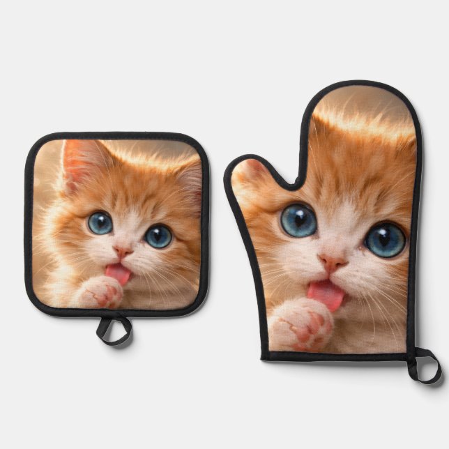Blue-Eyed Paw licking Kitten Oven Mitt & Pot Holder Set (Front)