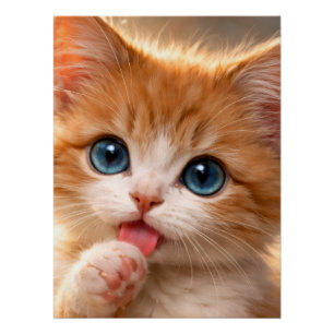Blue-Eyed Paw licking Kitten Poster