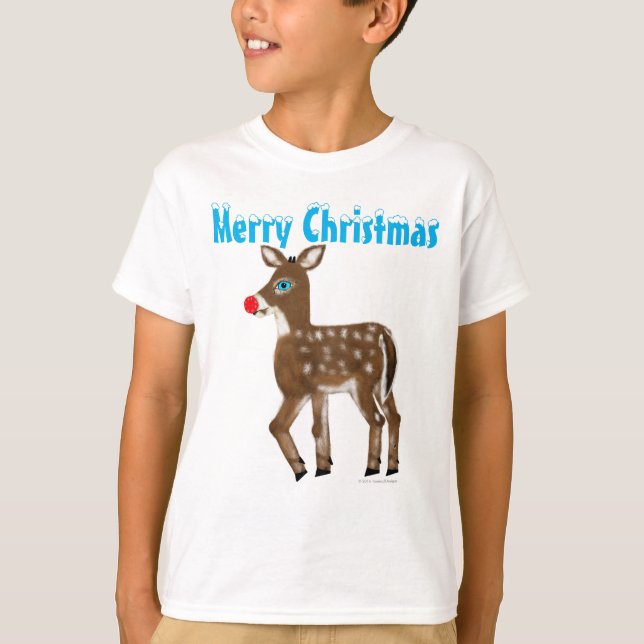 Blue Eyed Red Nose Reindeer Merry Christmas T-Shirt (Front)