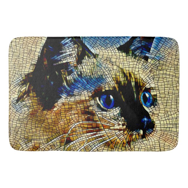 Blue Eyed Siamese Cat Mosaic Tiles Bath Mat (Front)