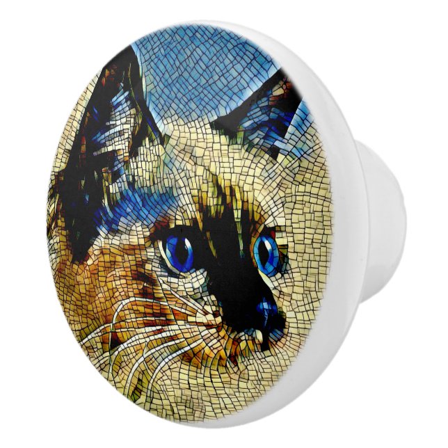 Blue Eyed Siamese Cat Mosaic Tiles Ceramic Knob (Right)