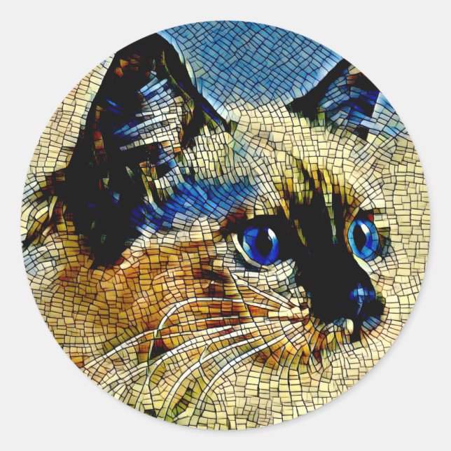 Blue Eyed Siamese Cat Mosaic Tiles Classic Round Sticker (Front)