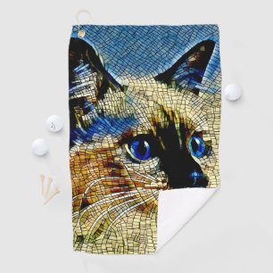 Blue Eyed Siamese Cat Mosaic Tiles Golf Towel